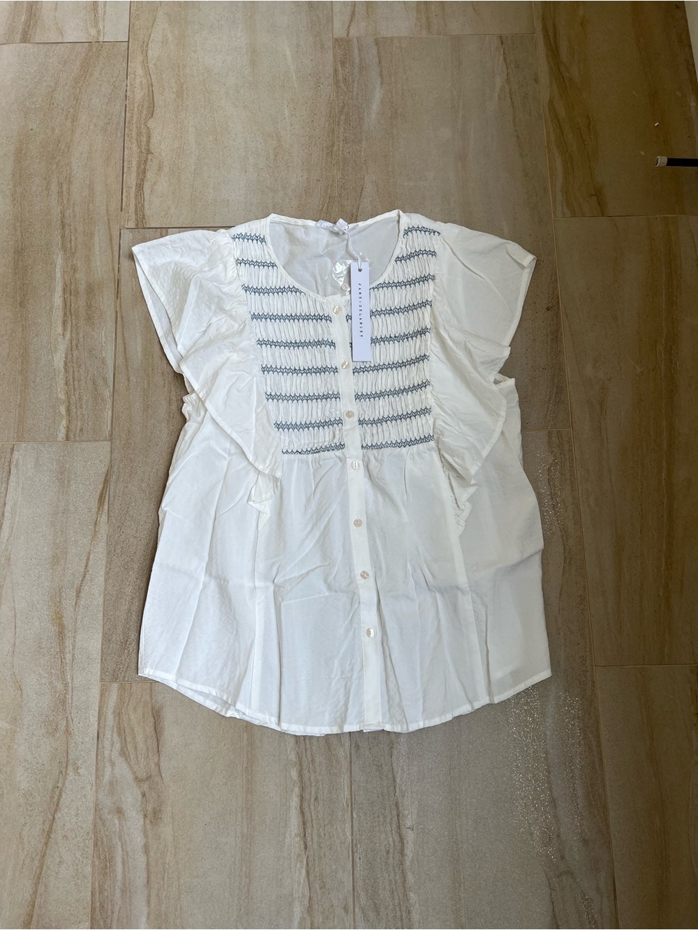 Jane and Delancey White Button-Front Smocked Yoke Blouse